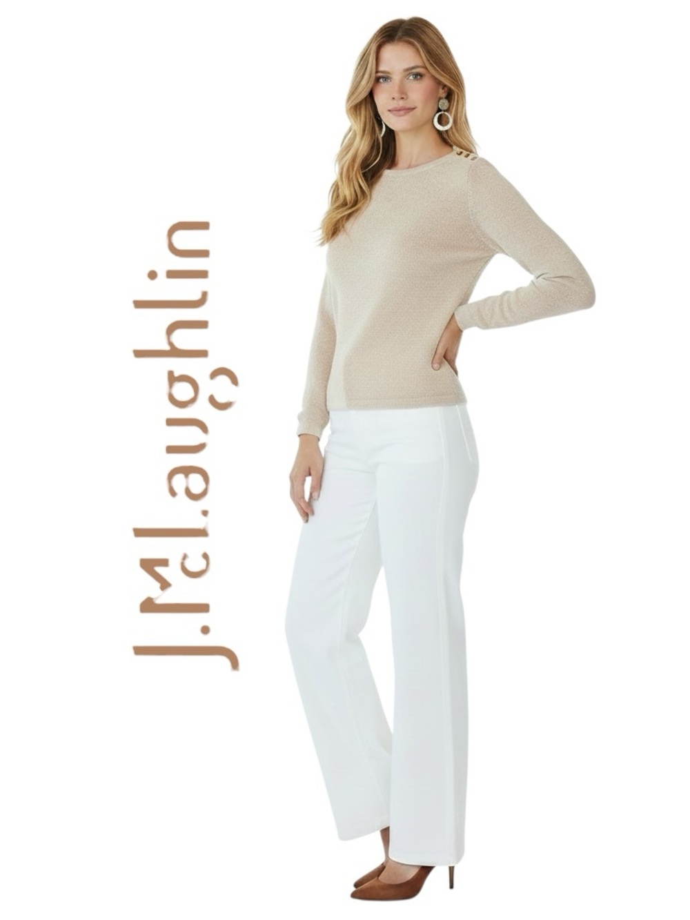 J.McLaughlin Sweater Oatmeal Mesh Knit 3/Button/Shoulder Sz M